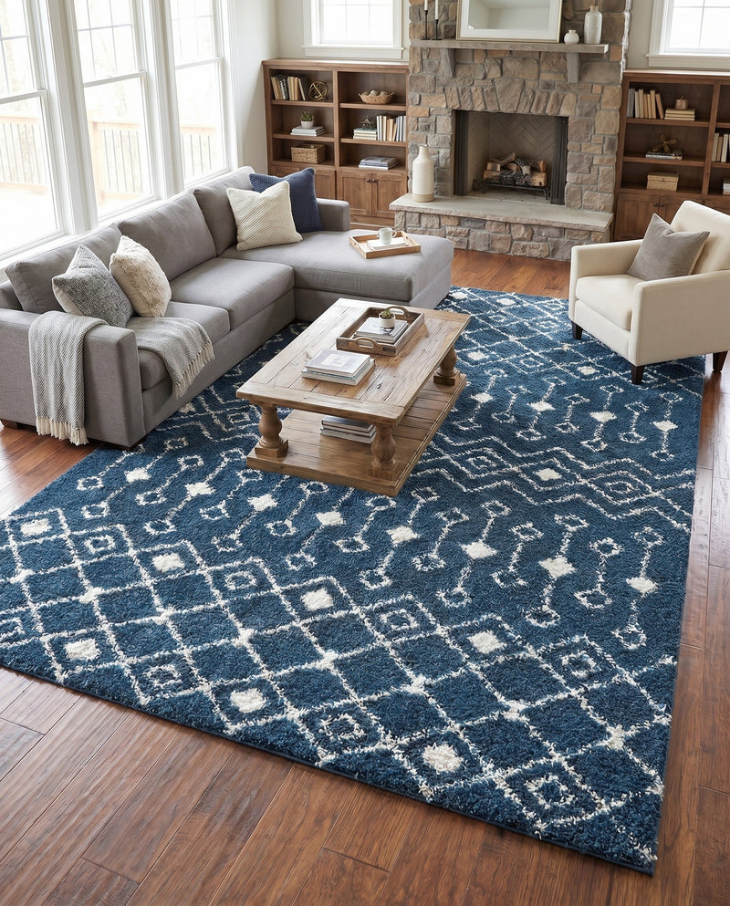 Berber Lattice Shag Collection Area Rug - Atlas (Navy Blue) Rectangle Navy Blue  lifestyle 13