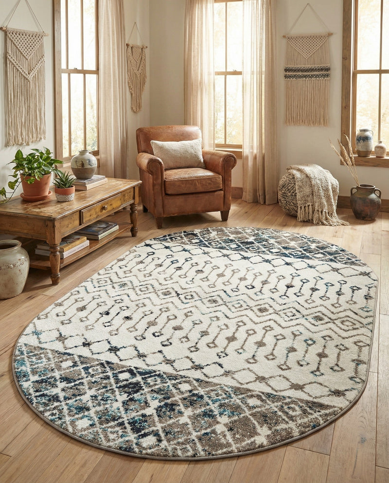 Mediterranean Lattice Collection Area Rug -  Casablanca (Ivory Gray Blue) Oval Ivory Gray Blue  lifestyle 25