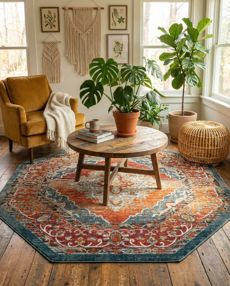 Savannah Soiree Collection Area Rug - Serengeti (Rust Red) Octagon Rust Red  lifestyle 56