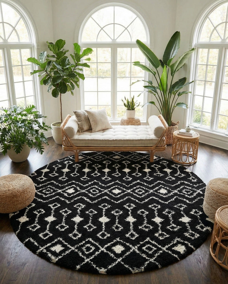 Berber Lattice Shag Collection Area Rug - Atlas (Black and White) Round Black and White  lifestyle 54