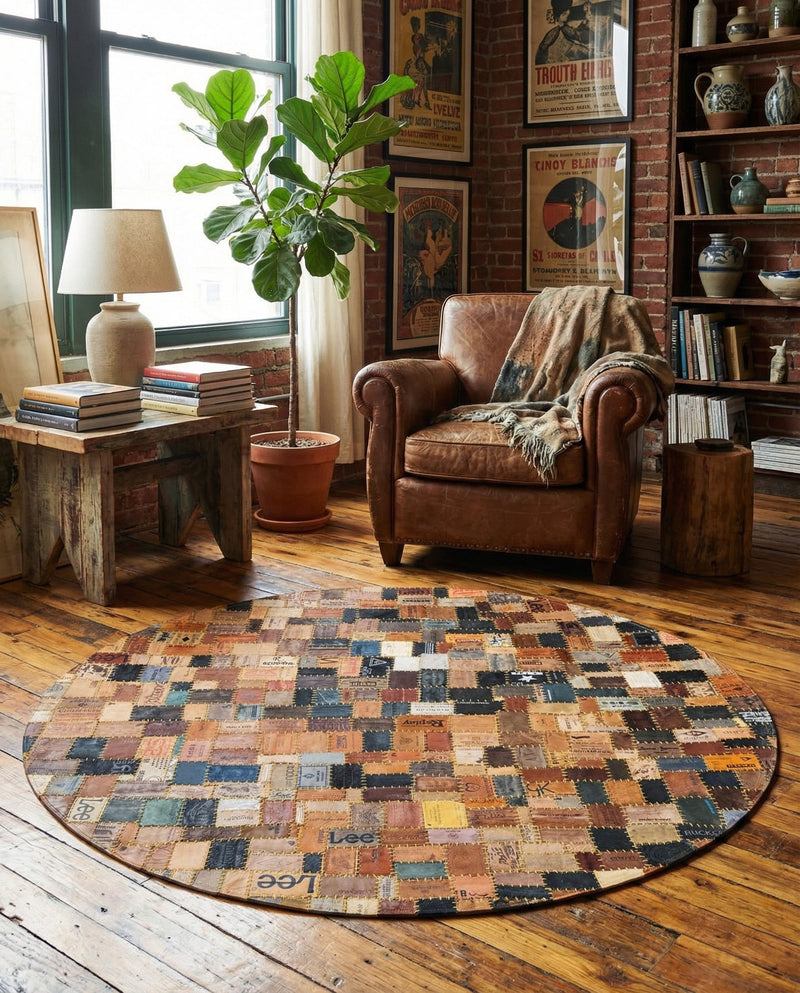 Havana Hide Patchwork Collection Area Rug - Cienfuegos Round Black and Brown  lifestyle 7