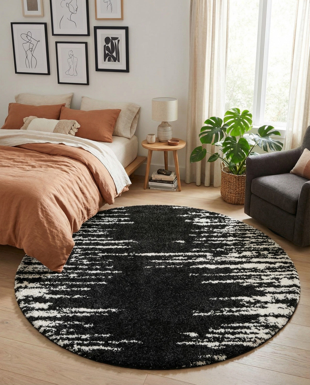 Tranquil Tides Shag Collection Area Rug - Marina Round Black and White  lifestyle 185