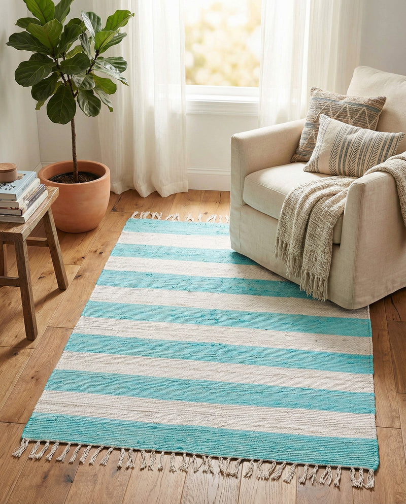 Tassel Trail Collection Area Rug - Pathway (Turquoise and Ivory) Rectangle Turquoise and Ivory  lifestyle 15