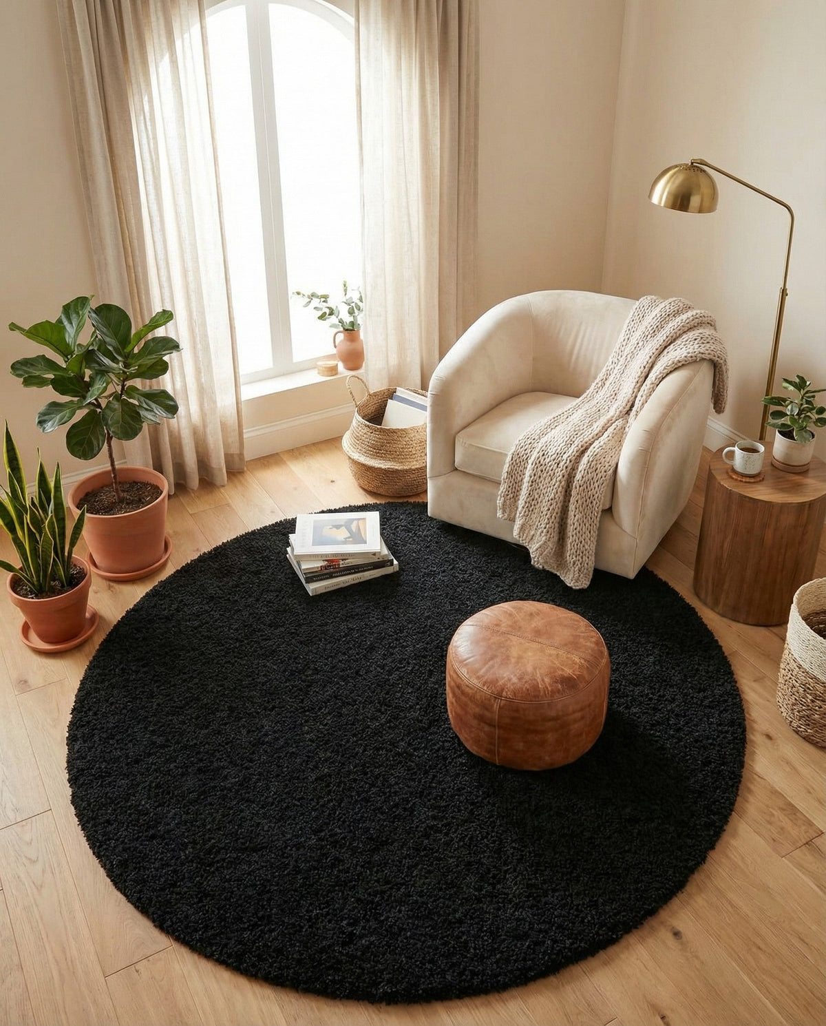 Plush Oasis Collection Area Rug - Serenity (Jet Black) Round Jet Black  lifestyle 93