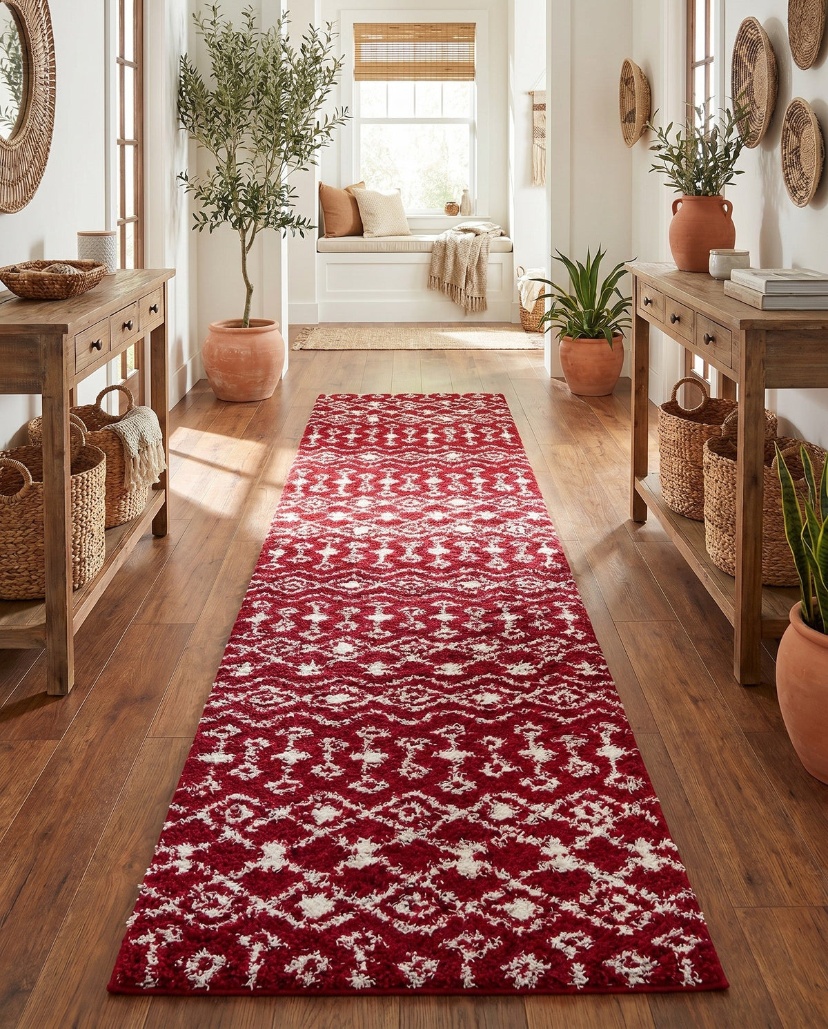Berber Lattice Shag Collection Area Rug - Atlas (Burgundy Red) Runner Burgundy Red  lifestyle 72