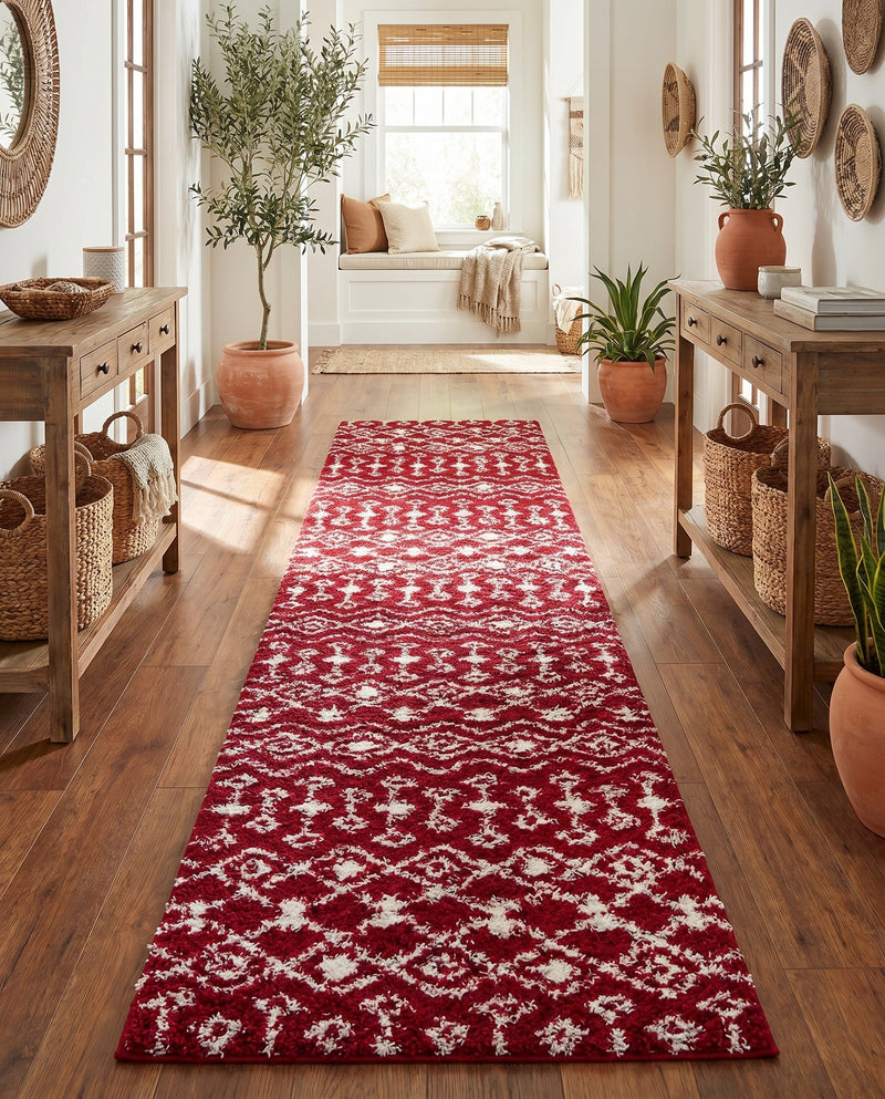Berber Lattice Shag Collection Area Rug - Atlas (Burgundy Red) Runner Burgundy Red  lifestyle 72