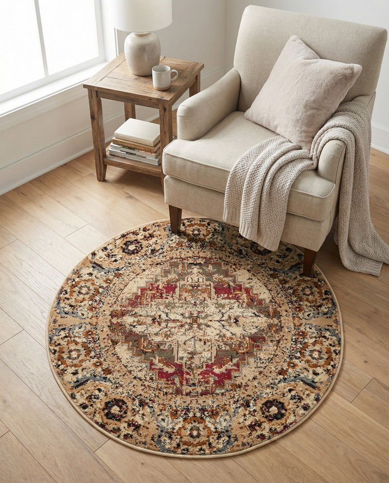 Neptune Elegance Collection Area Rug -  Naiad Round Burgundy Beige  lifestyle 71