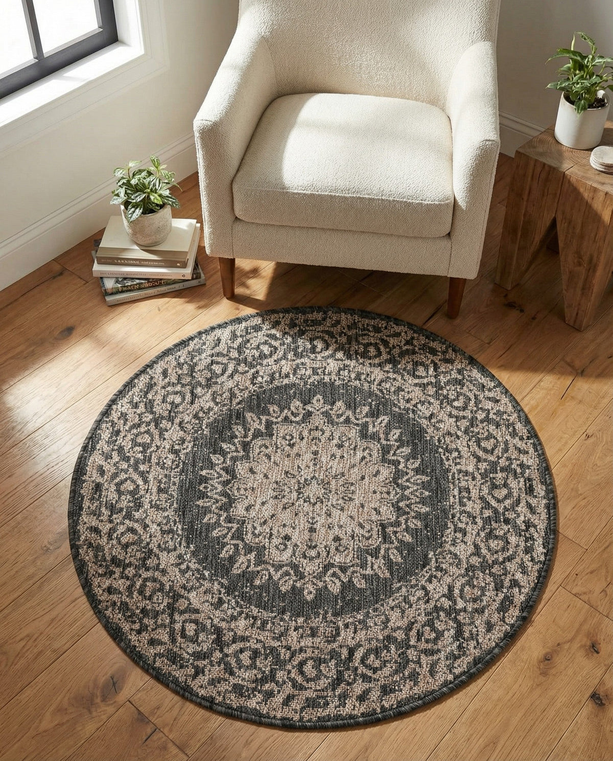 Patio Heritage Collection Area Rug -  Lafayette (Black) Round Black  lifestyle 86