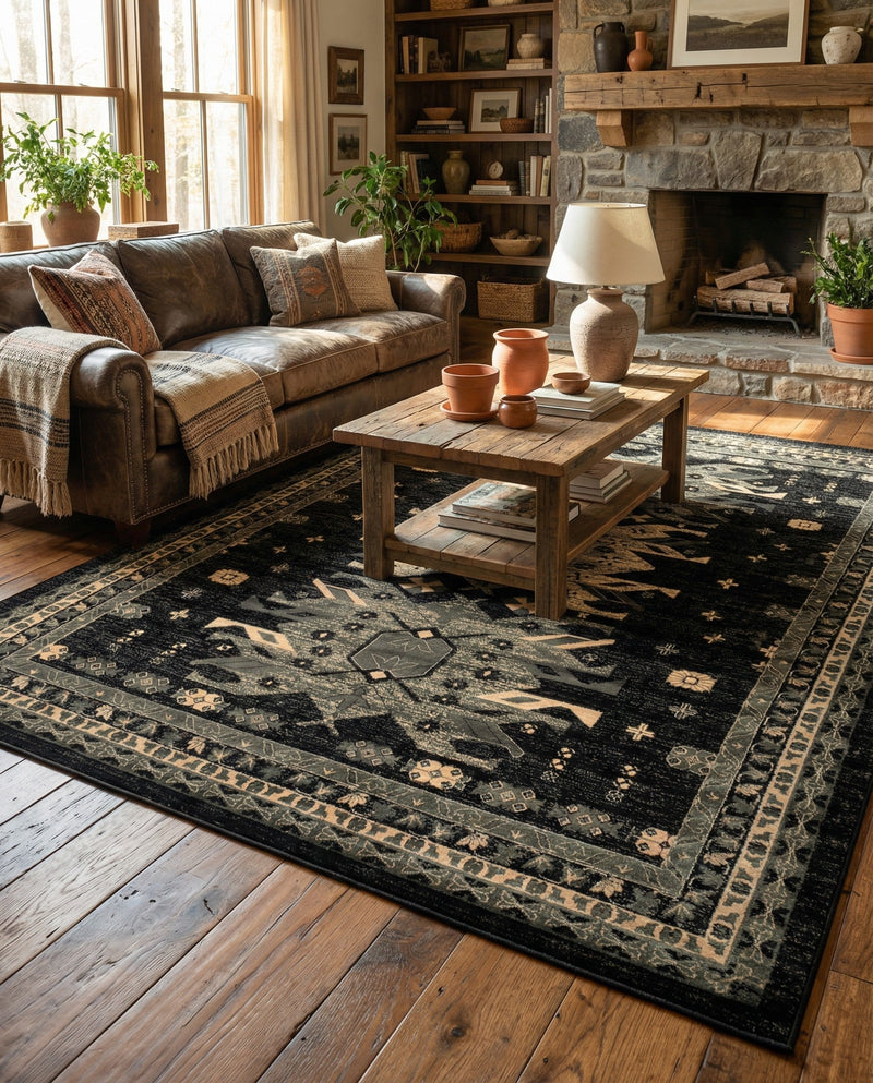 Tabriz Tapestries Collection Area Rug - Azerbaijan (Black) Rectangle Black  lifestyle 16
