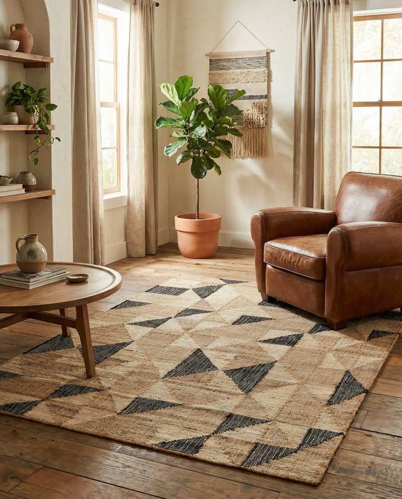 Benares Handwoven Jute Collection Area Rug -  Sarnath Rectangle Beige and Black  lifestyle 6