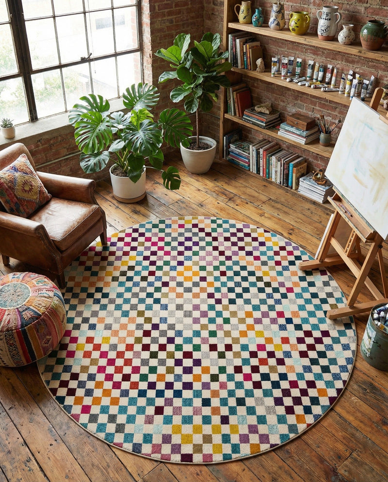 Chromatic Oasis Collection Area Rug -  Flora Round Multi  lifestyle 50