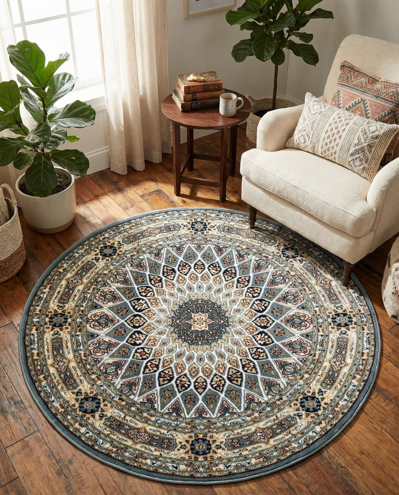 Persian Elegance Collection Area Rug -  Hamedan (Blue) Round Blue  lifestyle 63