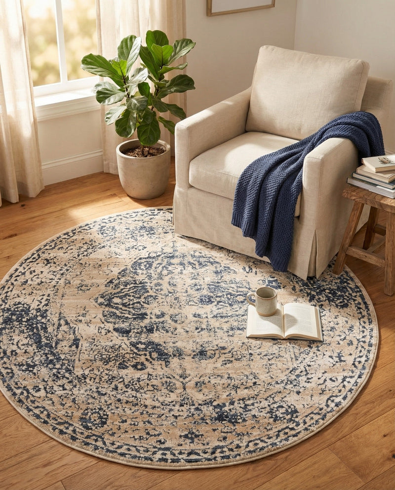 Coastal Manor Collection Area Rug -  Dunes Round Dark Blue  lifestyle 52