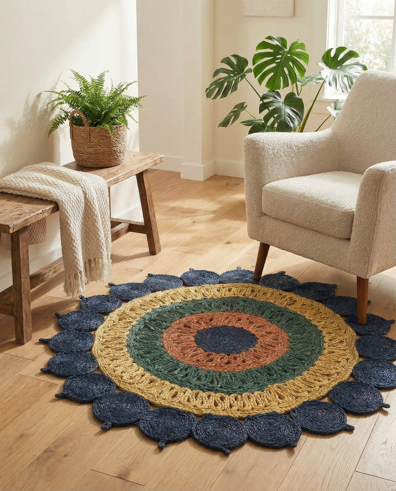 Woven Seaside Jute Collection Area Rug - Coastalhaven (Navy Blue Yellow Green) Round Navy Blue Yellow Green  lifestyle 18