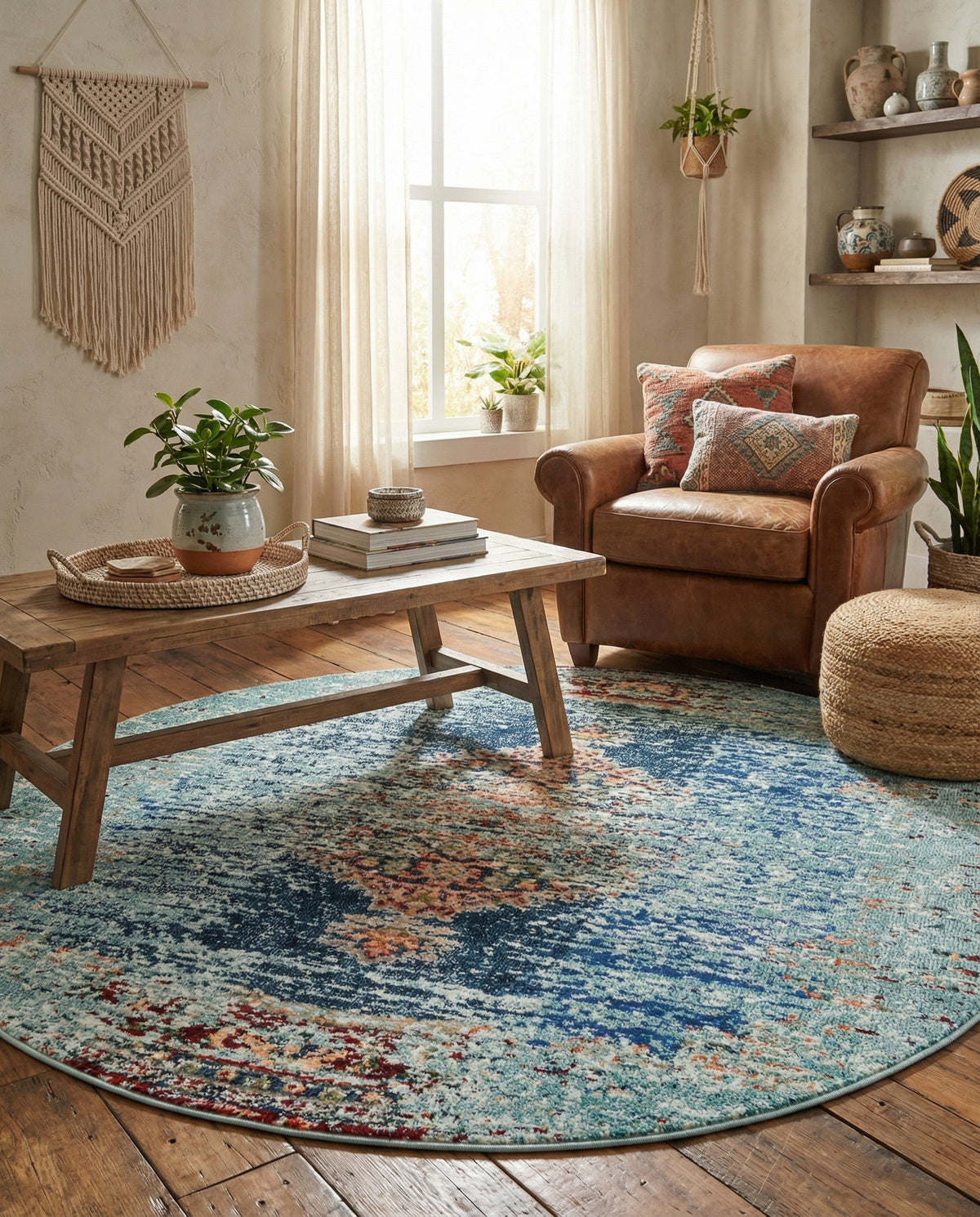 Venetian Tapestry Collection Area Rug -  Giudecca Round Turquoise  lifestyle 92