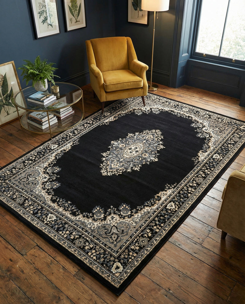 Tabriz Tapestry Collection Area Rug - Azerbaijan (Black) Rectangle Black  lifestyle 16