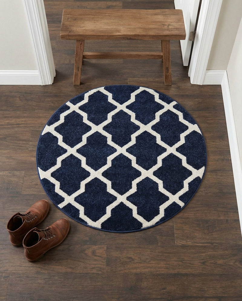 Lattice Gardens Collection Area Rug -  Floratown Round Navy Blue  lifestyle 44