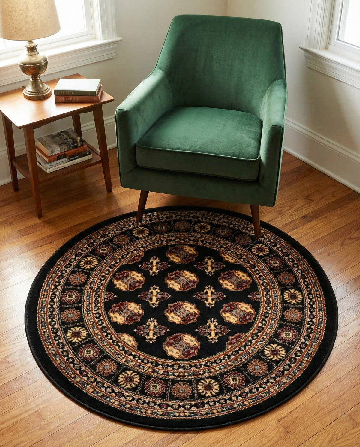Samarkand Elegance Collection Area Rug -  Margilan (Black) Round Black  lifestyle 89
