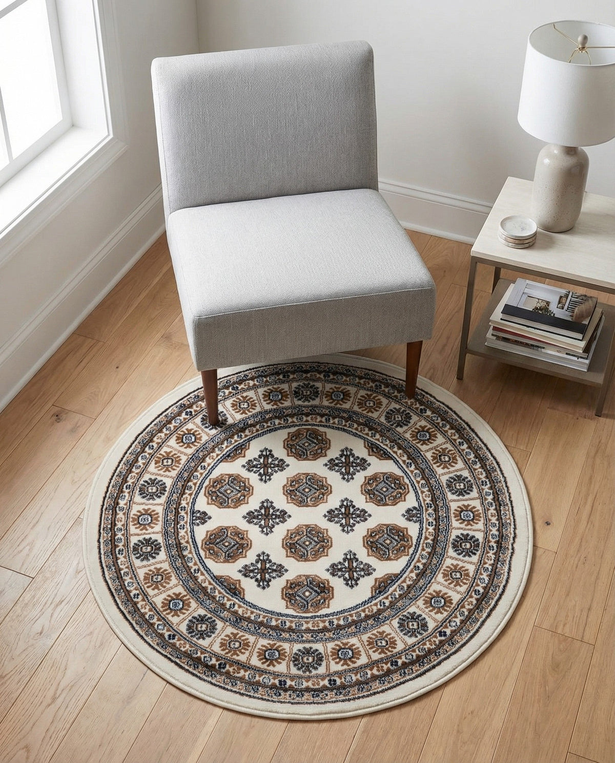 Samarkand Elegance Collection Area Rug -  Margilan (Ivory) Round Ivory  lifestyle 62