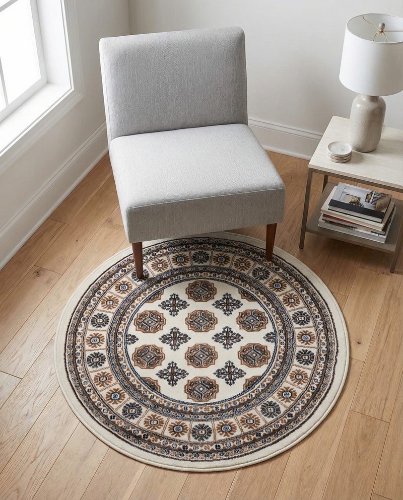 Samarkand Elegance Collection Area Rug -  Margilan (Ivory) Round Ivory  lifestyle 62