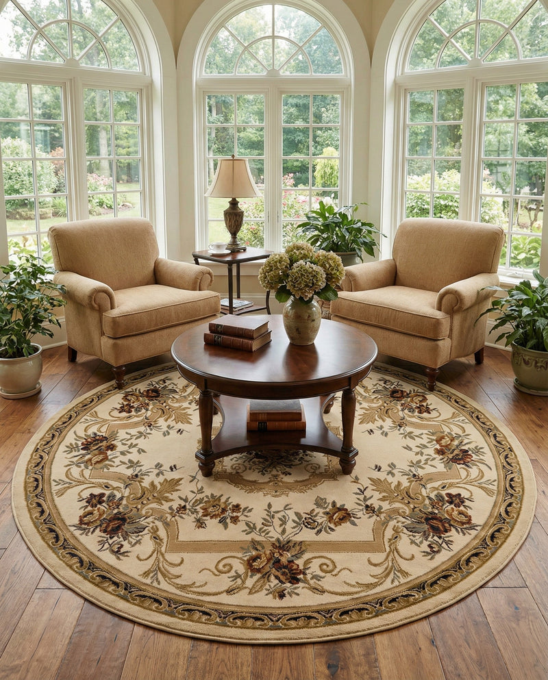 Versailles Elegance Collection Area Rug -  Louveciennes (Cream) Round Cream  lifestyle 75