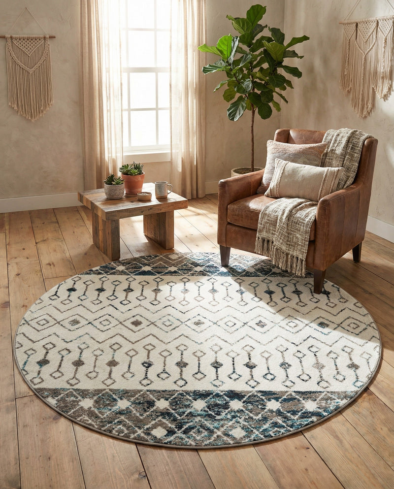 Mediterranean Lattice Collection Area Rug -  Casablanca (Ivory Gray Blue) Round Ivory Gray Blue  lifestyle 33