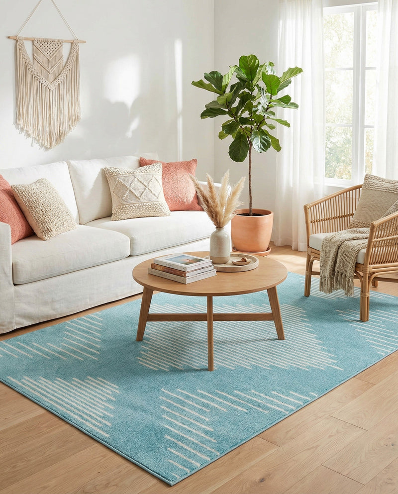 Seychelles Stripes Collection Area Rug - Mahe (Light Blue) Rectangle Light Blue  lifestyle 10