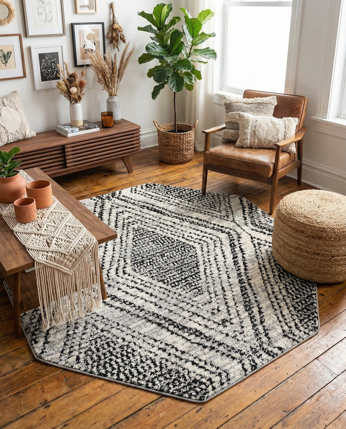 Marrakech Mosaic Collection Area Rug -  Medina Octagon Black and White  lifestyle 64