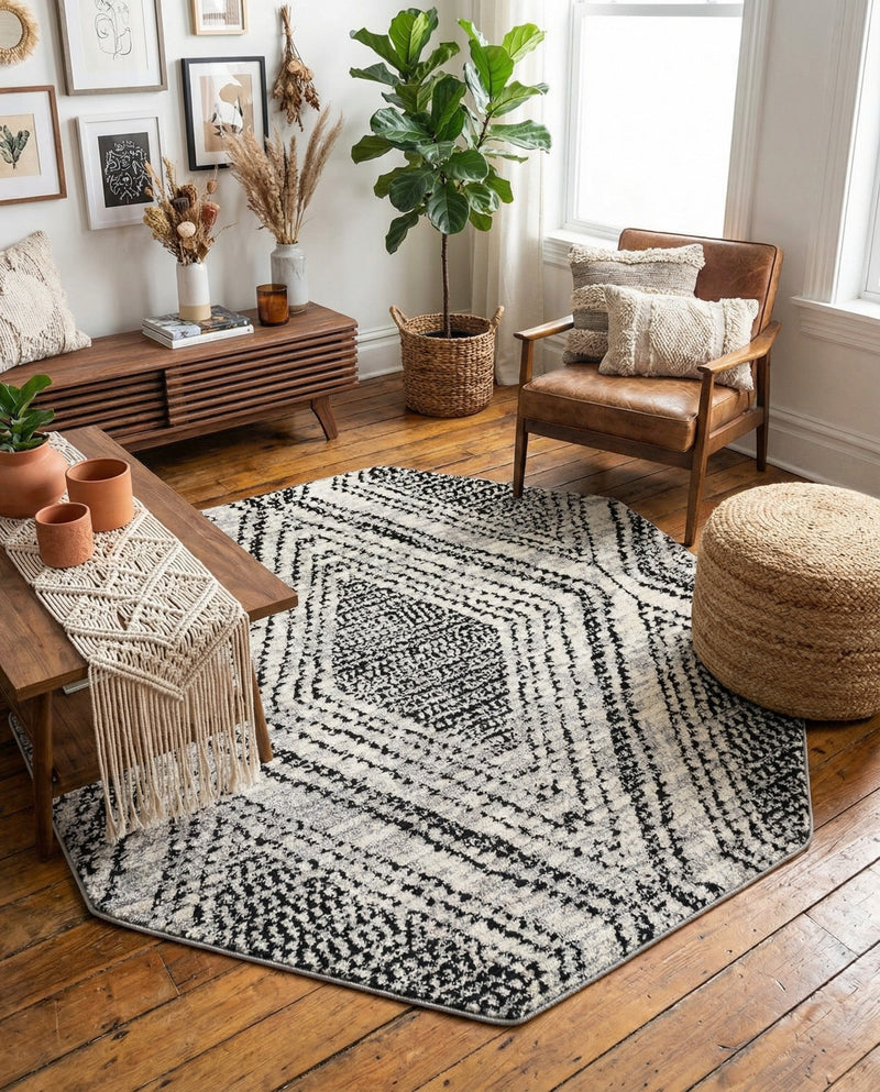 Marrakech Mosaic Collection Area Rug -  Medina Octagon Black and White  lifestyle 64
