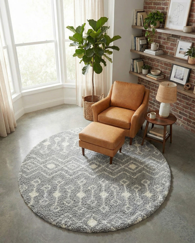 Berber Lattice Shag Collection Area Rug - Atlas (Gray) Round Gray  lifestyle 67