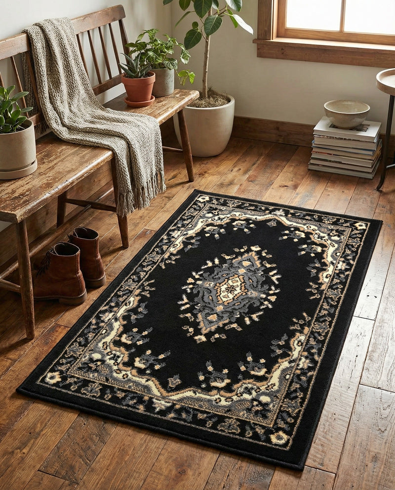 Tabriz Tapestry Collection Area Rug - Azerbaijan (Black) Rectangle Black  lifestyle 24