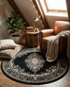 Tabriz Tapestry Collection Area Rug - Azerbaijan (Black) Round Black  lifestyle 81