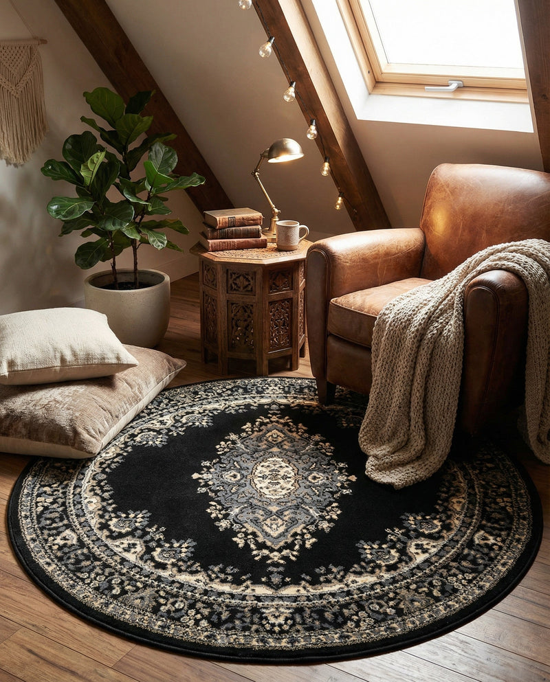 Tabriz Tapestry Collection Area Rug - Azerbaijan (Black) Round Black  lifestyle 81