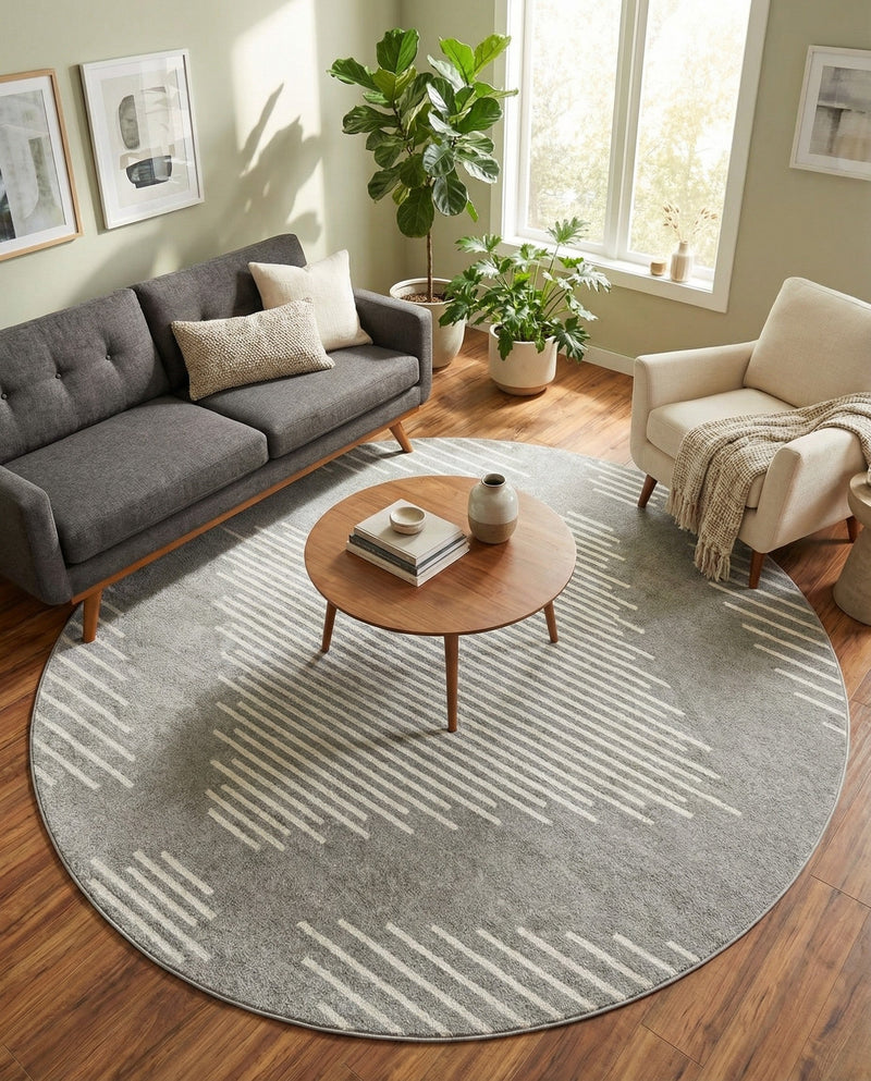Seychelles Stripes Collection Area Rug - Mahe (Gray and Ivory) Round Gray and Ivory  lifestyle 47