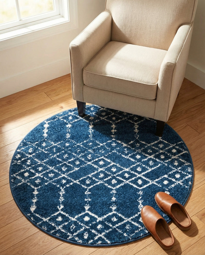 Marrakesh Lattice Collection Area Rug - Casablanca (Navy Blue) Round Navy Blue  lifestyle 42