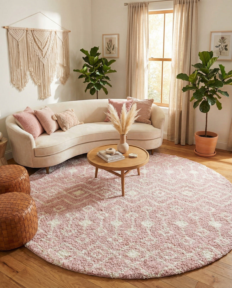 Berber Lattice Shag Collection Area Rug - Atlas (Light Pink) Round Light Pink  lifestyle 42