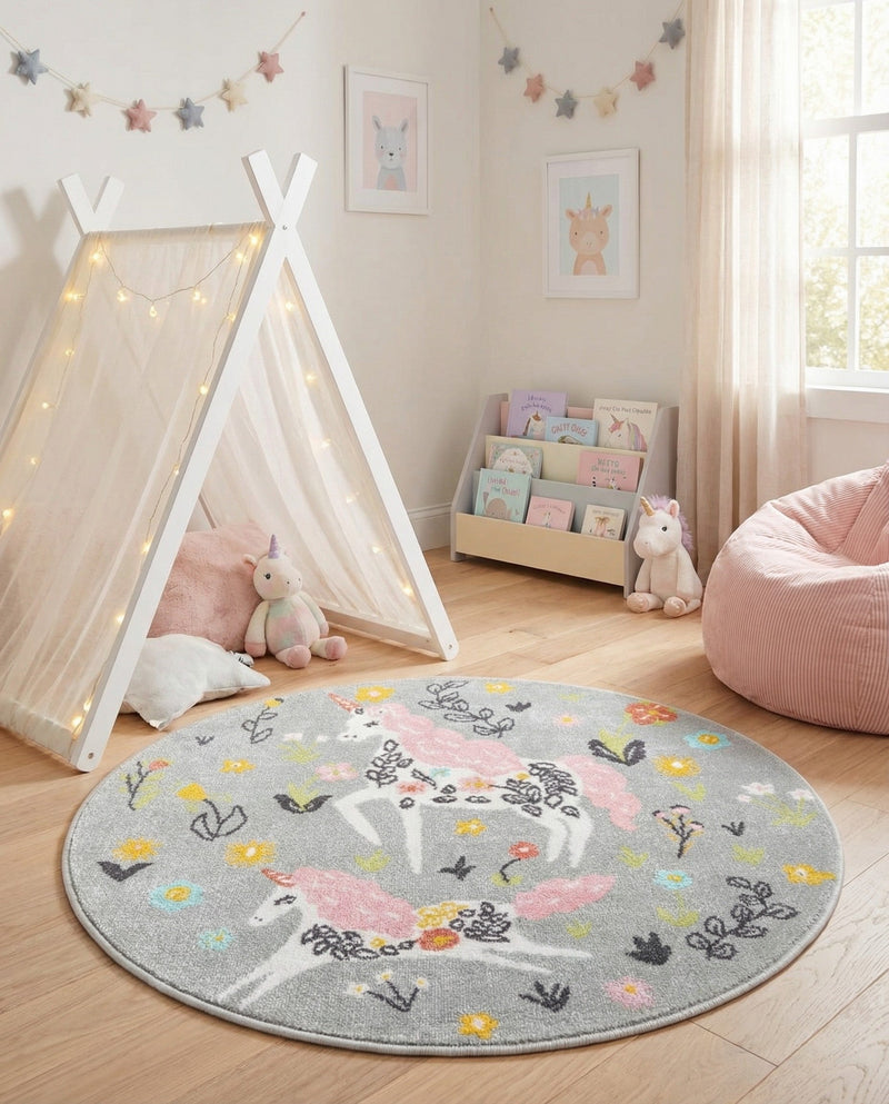 Wonder Tykes Collection Area Rug -  Hued Round Gray  lifestyle 45