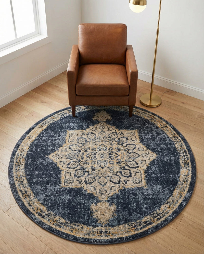 Eden Oasis Collection Area Rug -  Tranquility (Navy Blue) Round Navy Blue  lifestyle 60
