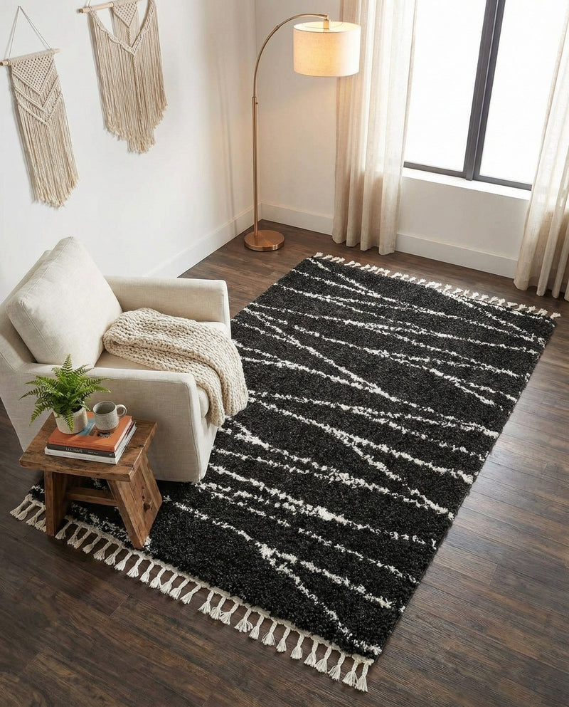 Tranquil Tides Shag Collection Area Rug -  Frost Rectangle Black and White  lifestyle 44