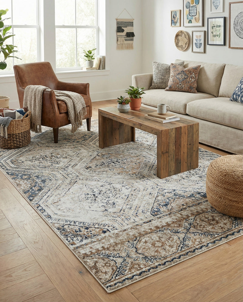 Coastal Manor Collection Area Rug -  Oceanfront Rectangle Blue Beige  lifestyle 14