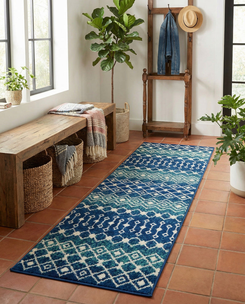 Mediterranean Lattice Collection Area Rug - Santorini (Navy and Teal) Runner Navy and Teal  lifestyle 41