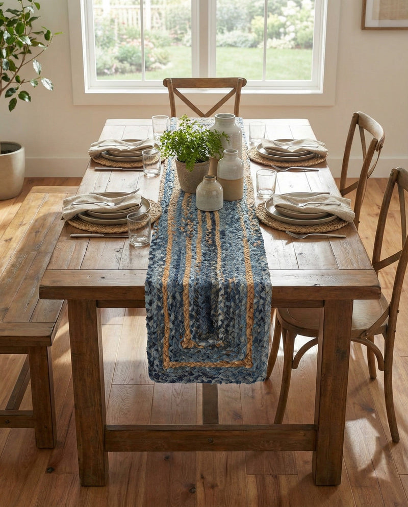 Woven Udaipur Collection Area Rug - Sahara Table Runner Blue and Natural  lifestyle 68