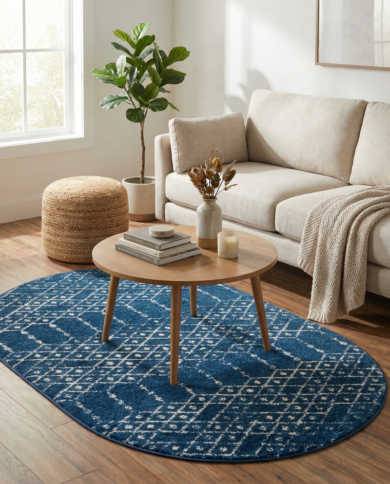 Marrakesh Lattice Collection Area Rug - Casablanca (Navy Blue) Oval Navy Blue  lifestyle 80