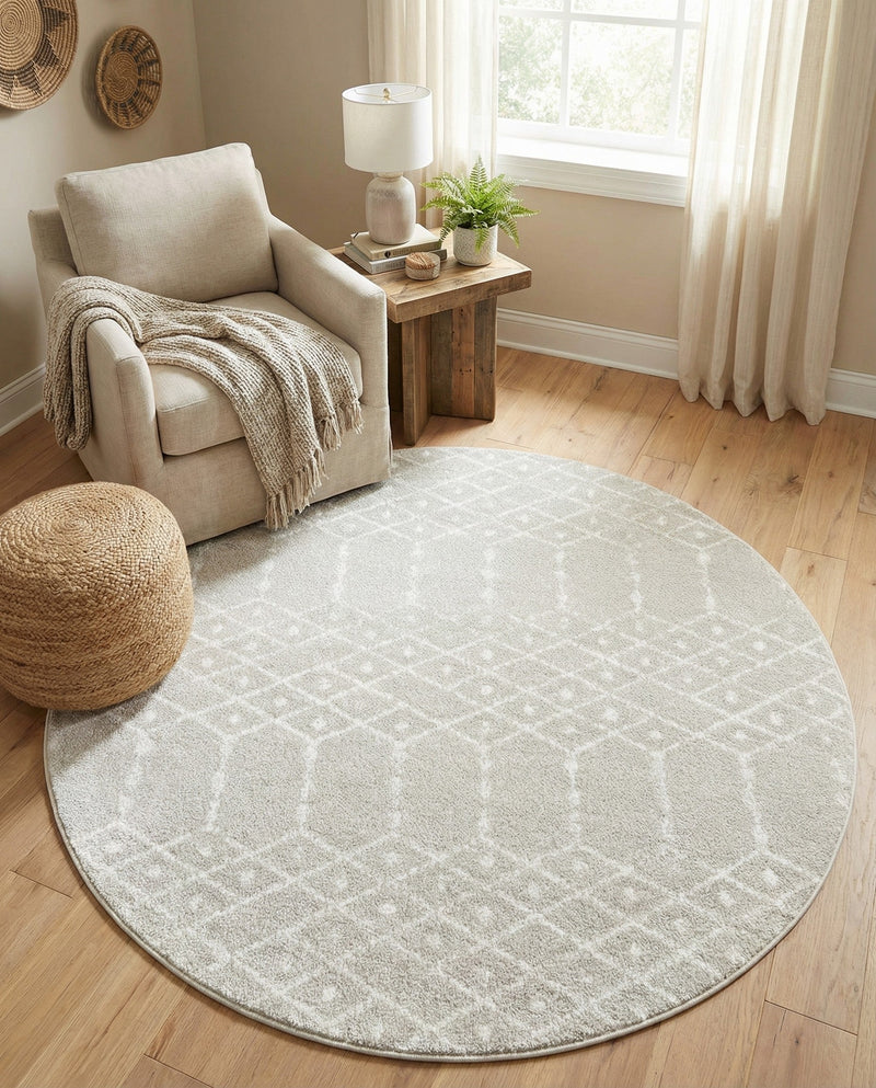 Marrakesh Lattice Collection Area Rug - Casablanca (Light Gray) Round Light Gray  lifestyle 34