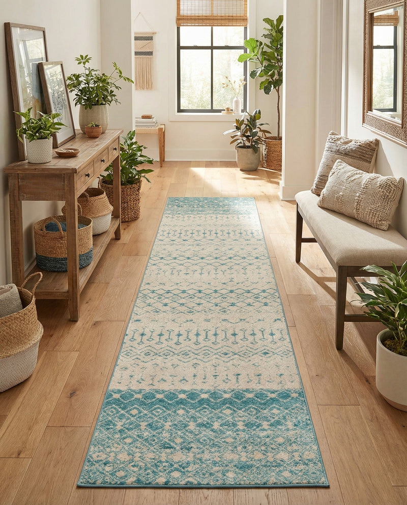 Mediterranean Lattice Collection Area Rug -  Casablanca (Ivory Blue) Runner Ivory Blue  lifestyle 42