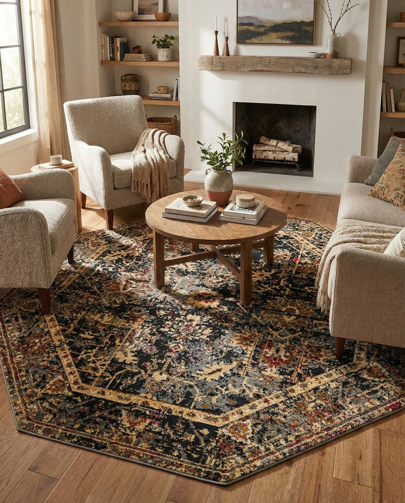 Neptune Elegance Collection Area Rug -  Galatea (Black) Octagon Black  lifestyle 79