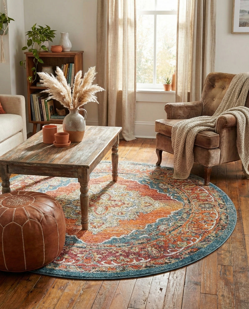 Savannah Soiree Collection Area Rug - Serengeti (Rust Red) Round Rust Red  lifestyle 75