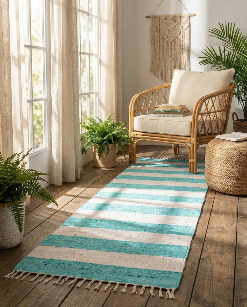 Tassel Trail Collection Area Rug - Pathway (Turquoise and Ivory) Runner Turquoise and Ivory  lifestyle 55