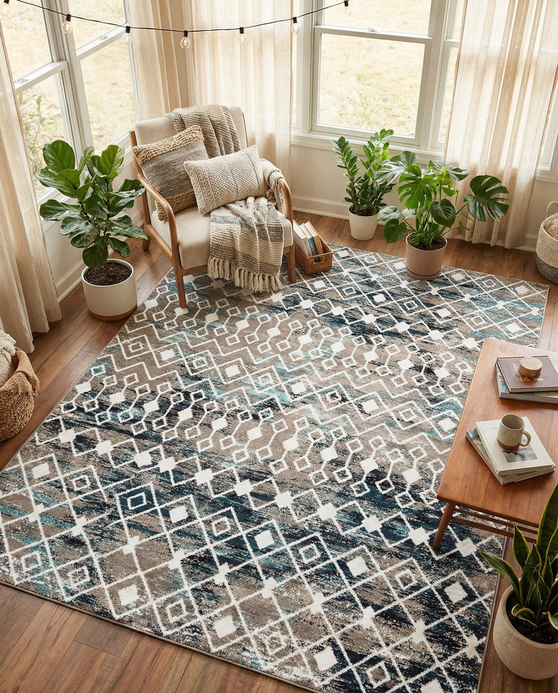 Mediterranean Lattice Collection Area Rug - Santorini (Multi Gray Blue) Rectangle Multi Gray Blue  lifestyle 16