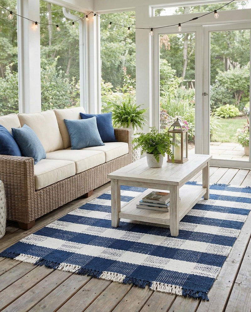 Sustainable Grid Indoor-Outdoor Oasis Collection Area Rug - Savannah Rectangle Navy Blue  lifestyle 15